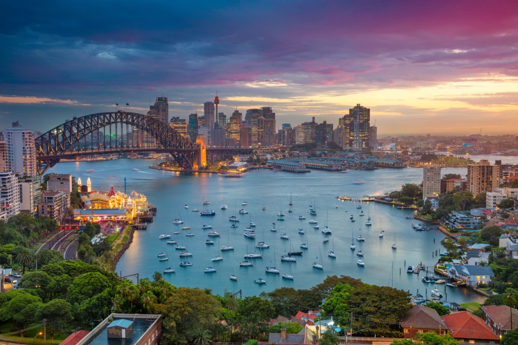 Cityscape image of Sydney, Australia with Harbour Bridge and Sydney skyline during sunset - Accent on Travel